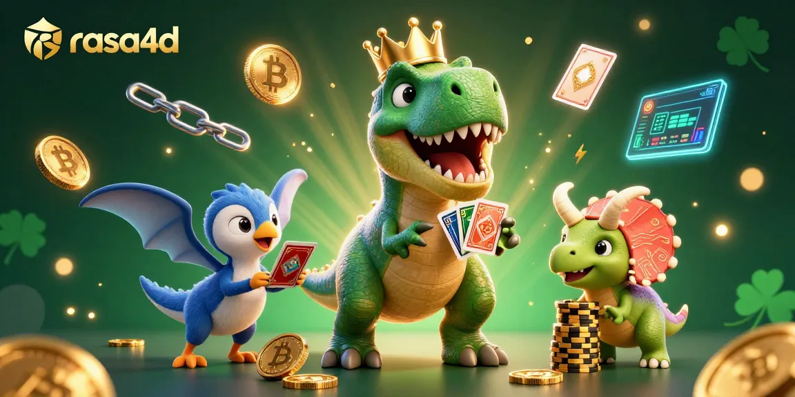 Rasa4d mempersembahkan ilustrasi 3D penuh warna dengan dinosaur berjudi dan koin crypto.