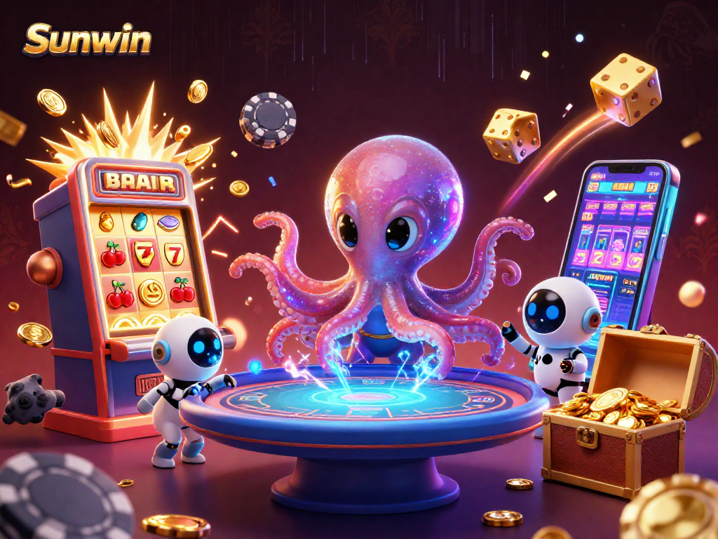 Sunwin casino features a 3D alien octopus at a poker table, vibrant slot machine jackpot scene.