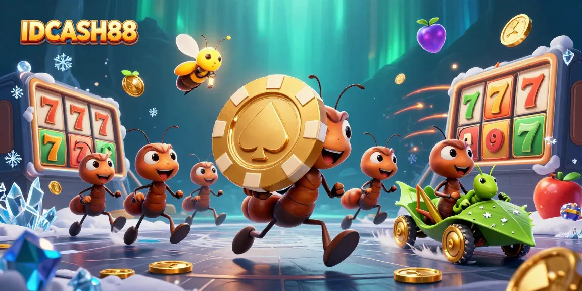 IDCASH88 showcases a vibrant slot game scene with ants carrying a giant poker chip and dynamic casino elements.