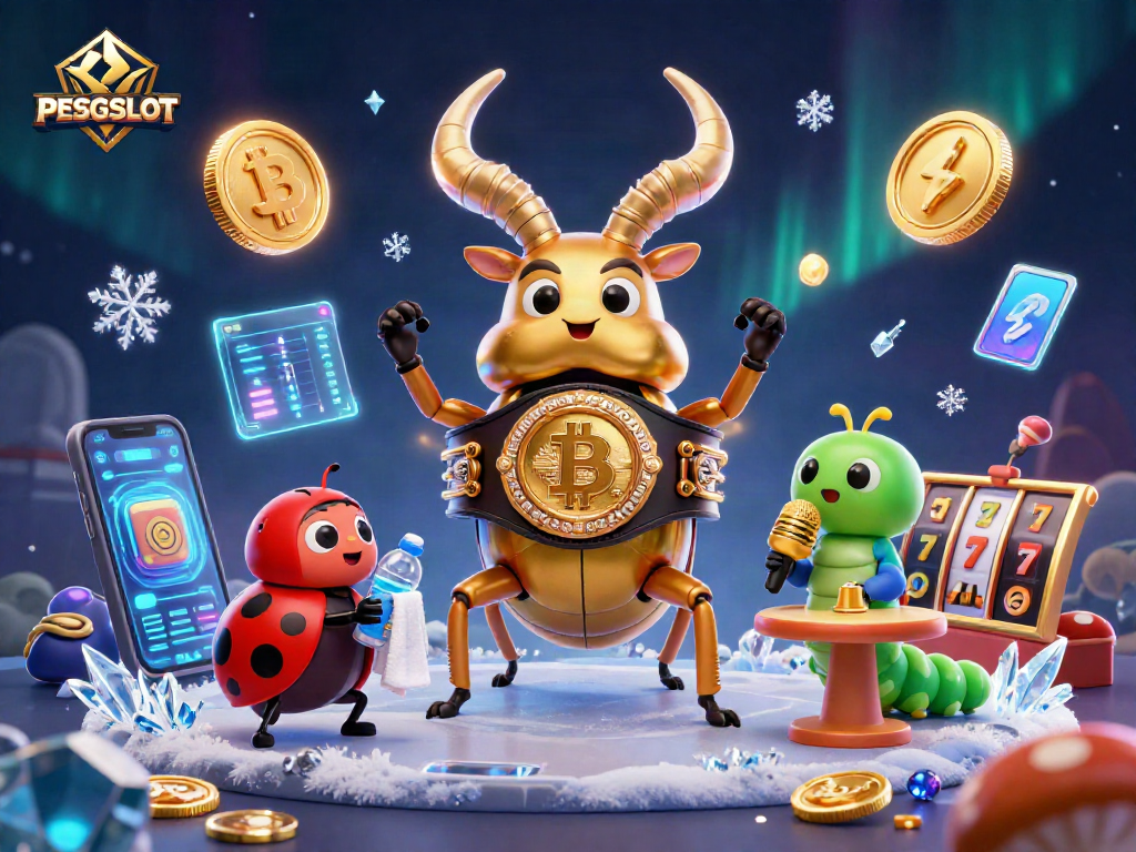 Bet on PESGSLOT with a vibrant digital illustration showcasing casino elements and cartoon characters.