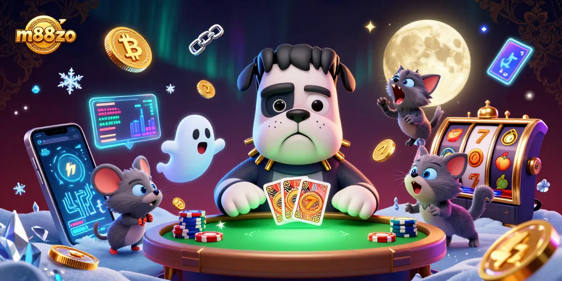 m88zo elevates card dealing at a spooky casino table with vibrant crypto elements