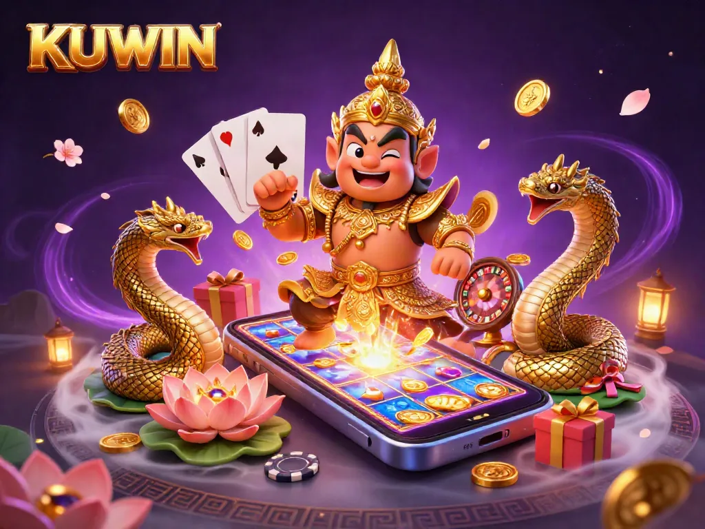 KUWIN enhances your gaming experience with this vibrant illustration showcasing dynamic slot games and casino elements.