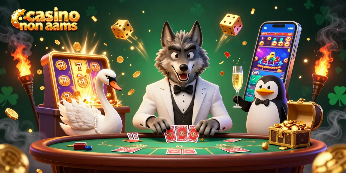 Fai girare i rulli nei casino non aams con un lupo elegante, un cigno raffinato e un pinguino che presenta champagne.