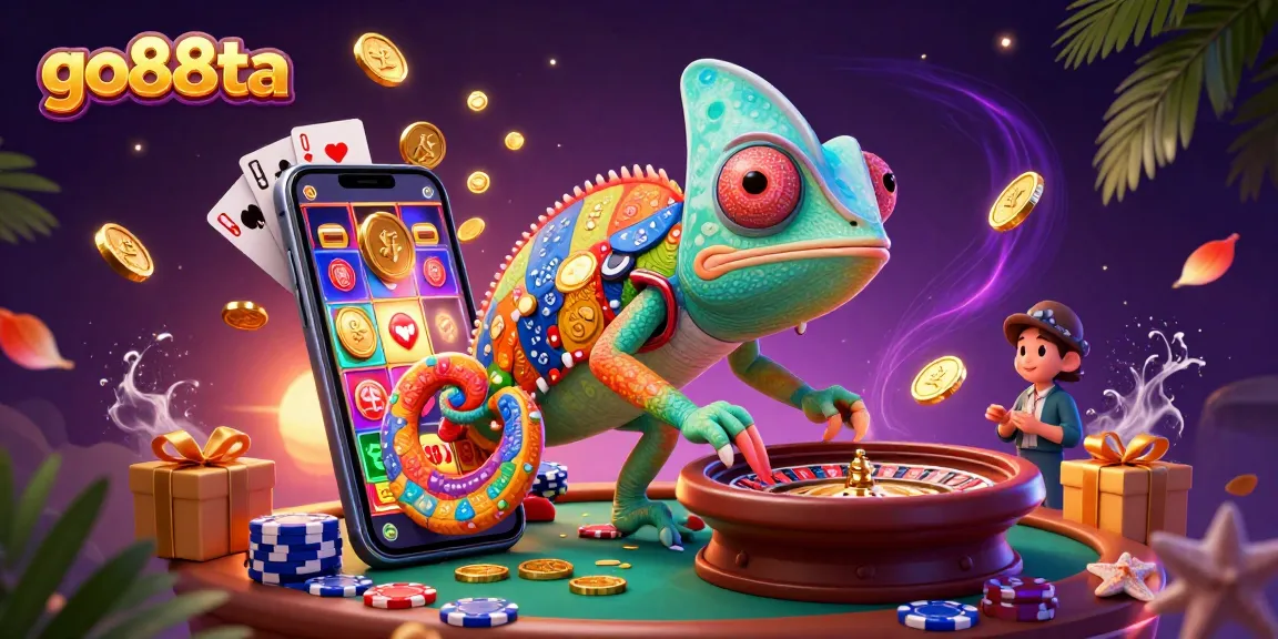 Experience excitement with go88ta, as the chameleon casino owner collects golden coins amidst vibrant slot games.