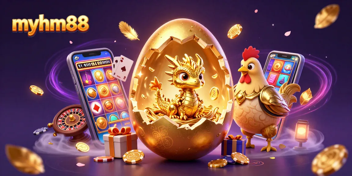 Join the excitement at myhm88 with a golden dragon surrounded by casino elements, highlighting thrilling gaming action.