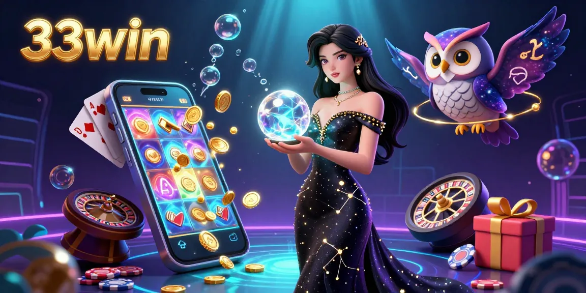 Engage in thrilling games at 33win with dazzling visuals of a glowing crystal ball and dynamic slot games.