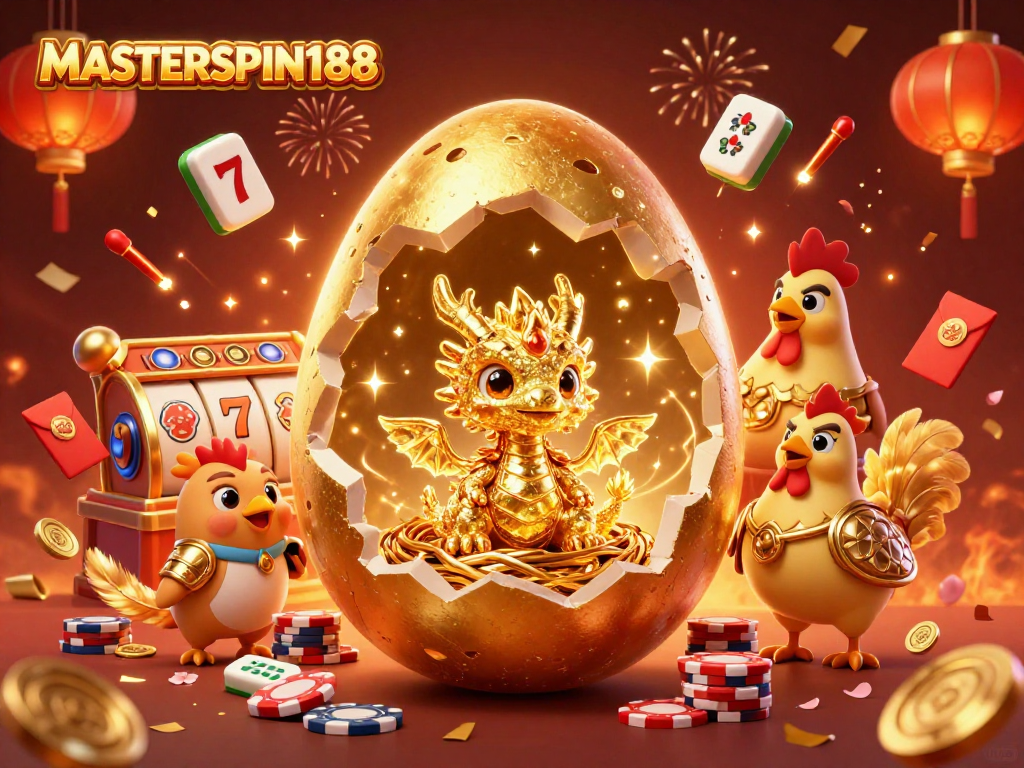 Engage with MASTERSPIN188's vibrant jackpot scene featuring a golden baby dragon and festive gaming elements.