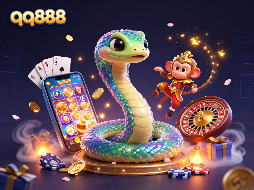 Immerse in the magical world of qq888 online gaming with vibrant characters, slot games, and dynamic casino elements.