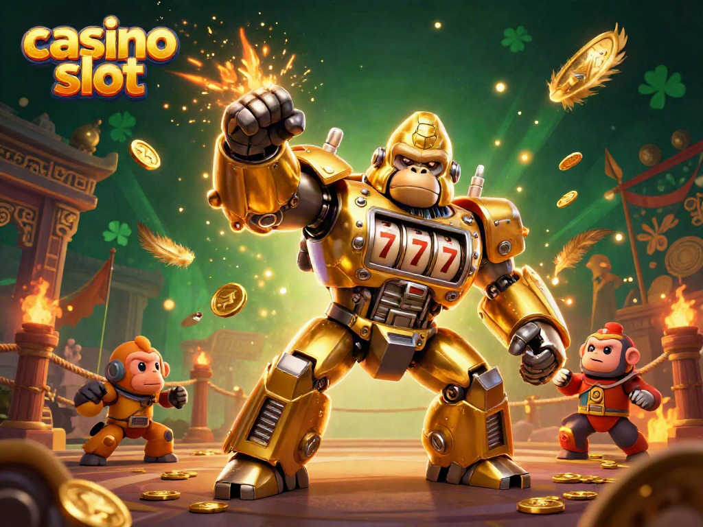 Engaging 3D casino slot scene with a gorilla mech and dynamic elements for gaming excitement.