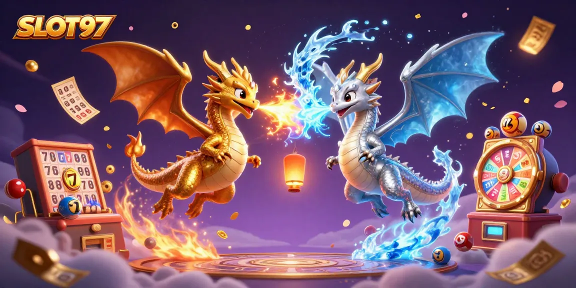 SLOT97 features twin dragons in a dynamic casino scene with slot game elements and vibrant energy.