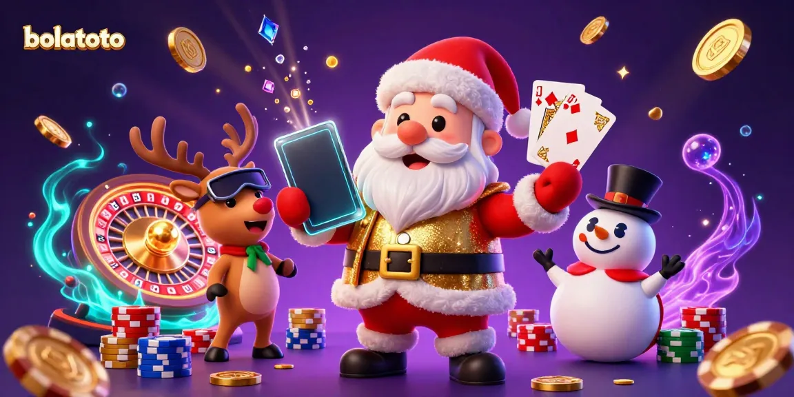 Experience the excitement of bolatoto with Santa and friends amid cascading gold coins and vibrant casino elements.