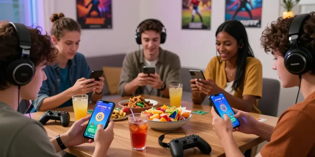 Friends playing 3 Patti No1 on smartphones, enjoying snacks and drinks in a vibrant home setting.