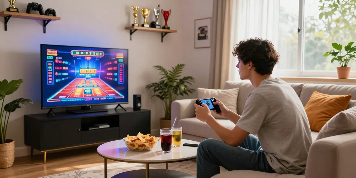 Download games easily in a lively home gaming setup with colorful screens and cozy ambiance.
