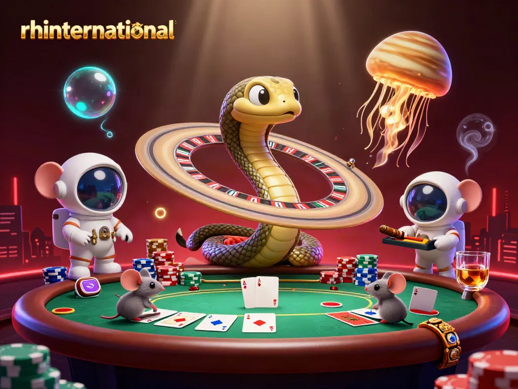 Rhinternational menghadirkan ilustrasi 3D menggembirakan dengan ular cincin Saturnus dan karakter menarik di meja poker.