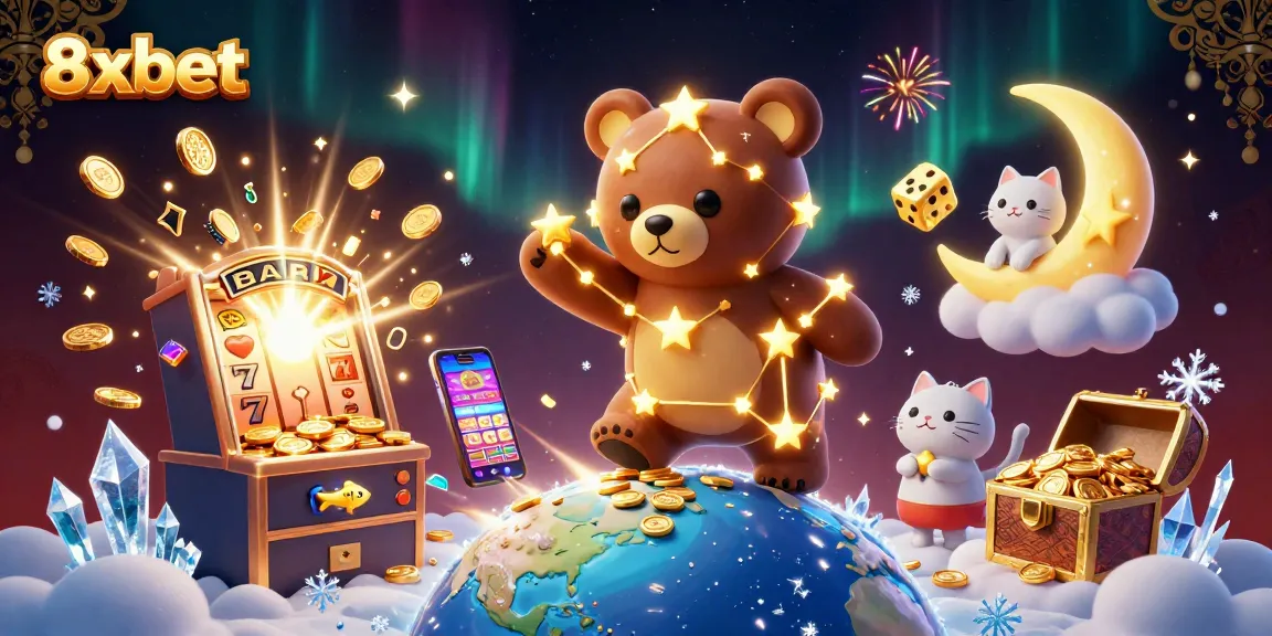 Experience the thrill of 8xbet as the constellation bear scoops coins amidst casino excitement.