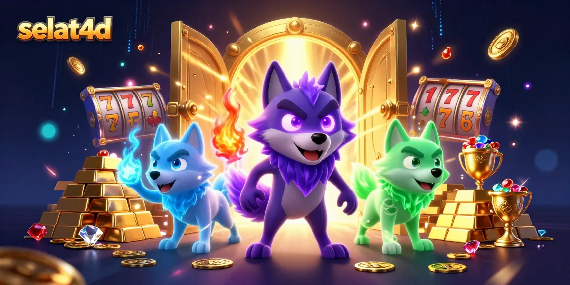 Engage in thrilling slots with selat4d’s energetic casino scene featuring glowing wolves and treasure!