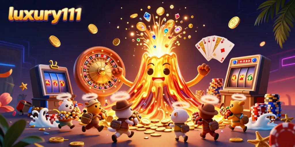 Experience the thrilling adventures of luxury111 with a rich 3D illustration bursting with casino treasures.