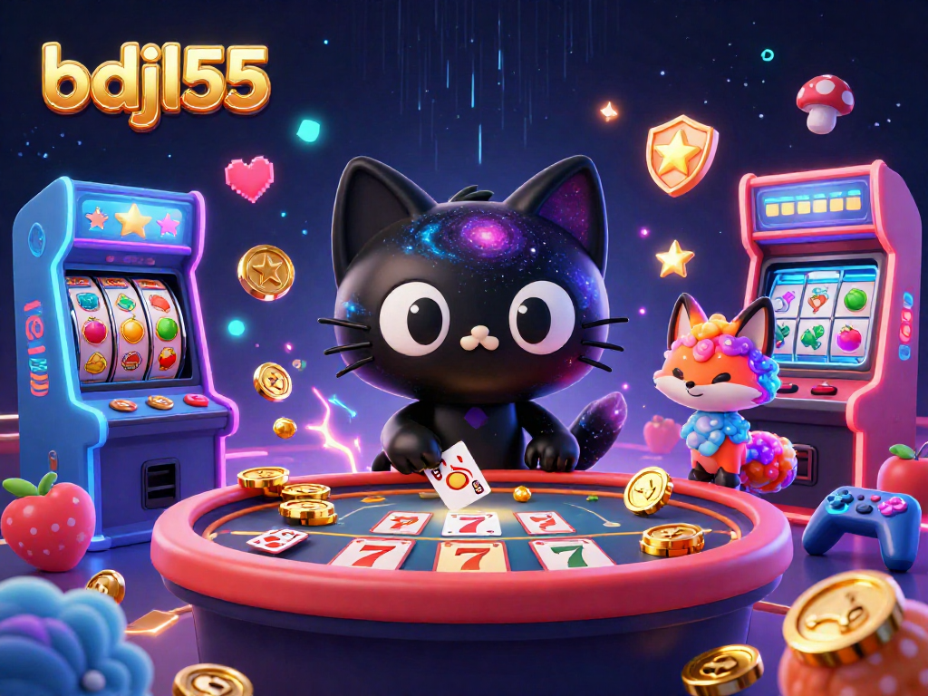 Engage with the cosmic charm of bdjl55's vibrant casino scene featuring a black hole cat and a nebula fox.