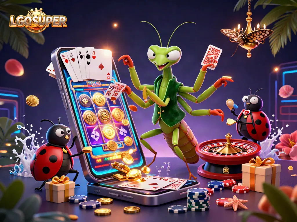 Engage with LGOSUPER's vibrant 3D casino scene featuring a giant mantis and a ladybug presenting thrilling gaming elements.
