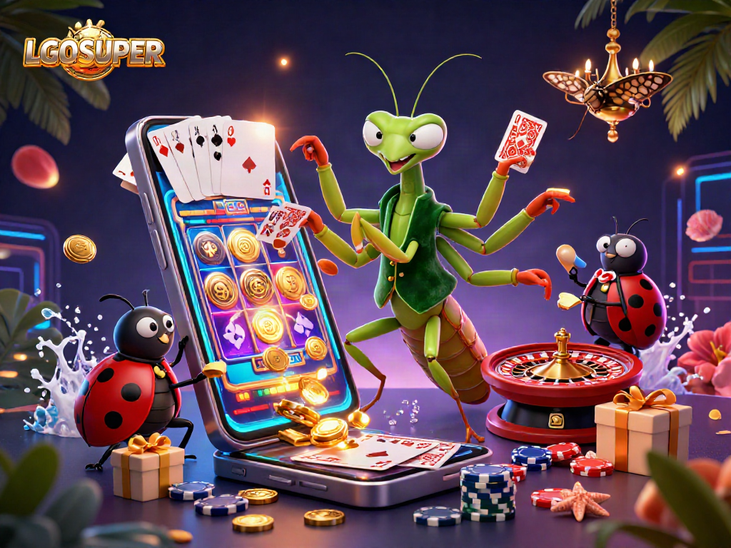 Engage with LGOSUPER's vibrant 3D casino scene featuring a giant mantis and a ladybug presenting thrilling gaming elements.