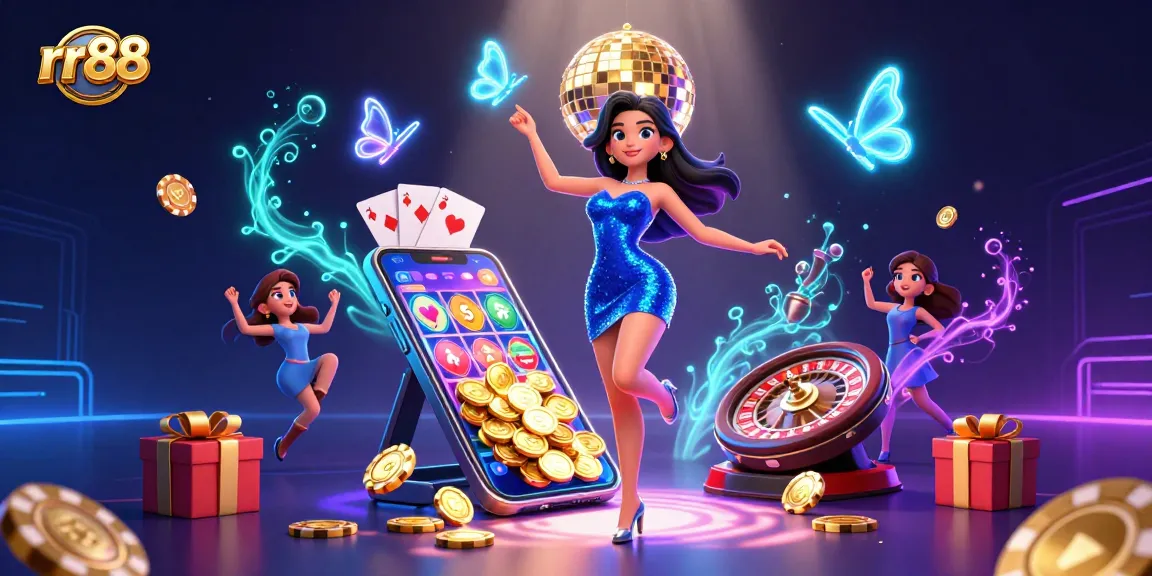Experience exciting gaming action at rr88, featuring a glamorous dancer and vibrant casino elements.