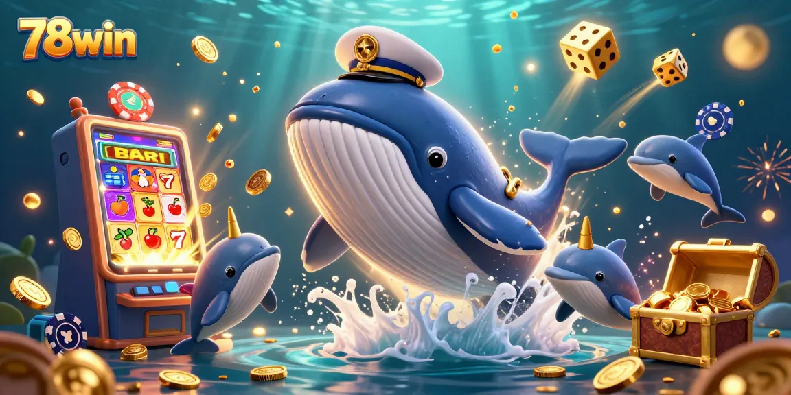 Experience the excitement of 78win with a whimsical 3D casino scene featuring playful sea creatures and slot machines.