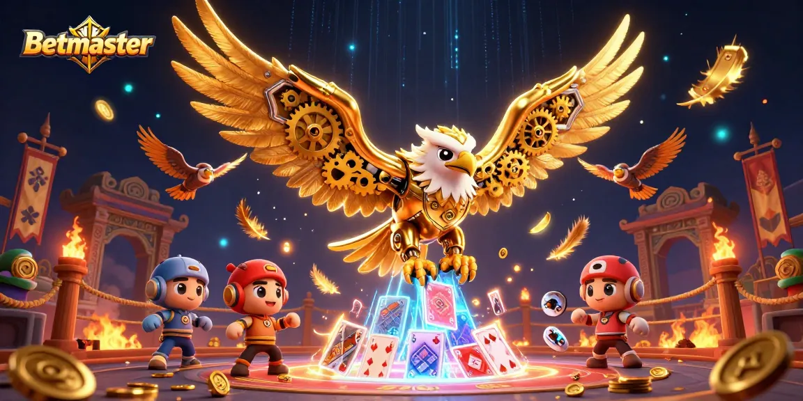 Experience the thrills of Betmaster's casino with a golden eagle soaring through holographic cards.