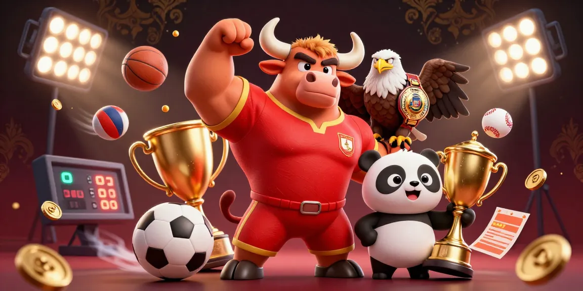 KJC showcases a dynamic casino scene where a bull mascot celebrates winning with a trophy, surrounded by sports elements.