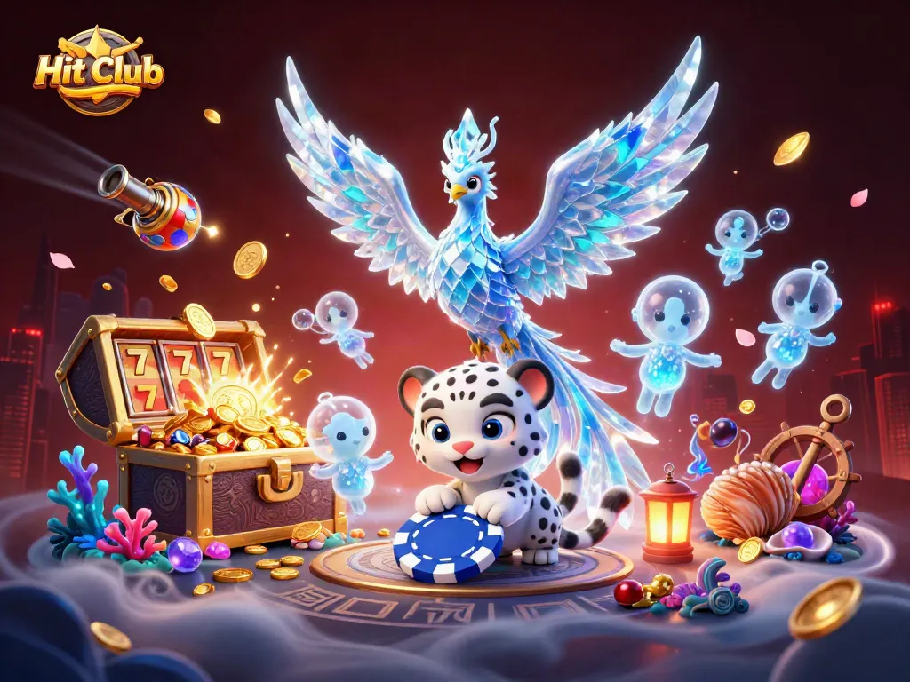 Experience the magic of Hit Club with a vibrant scene of an ice phoenix, glowing sprites, and treasure