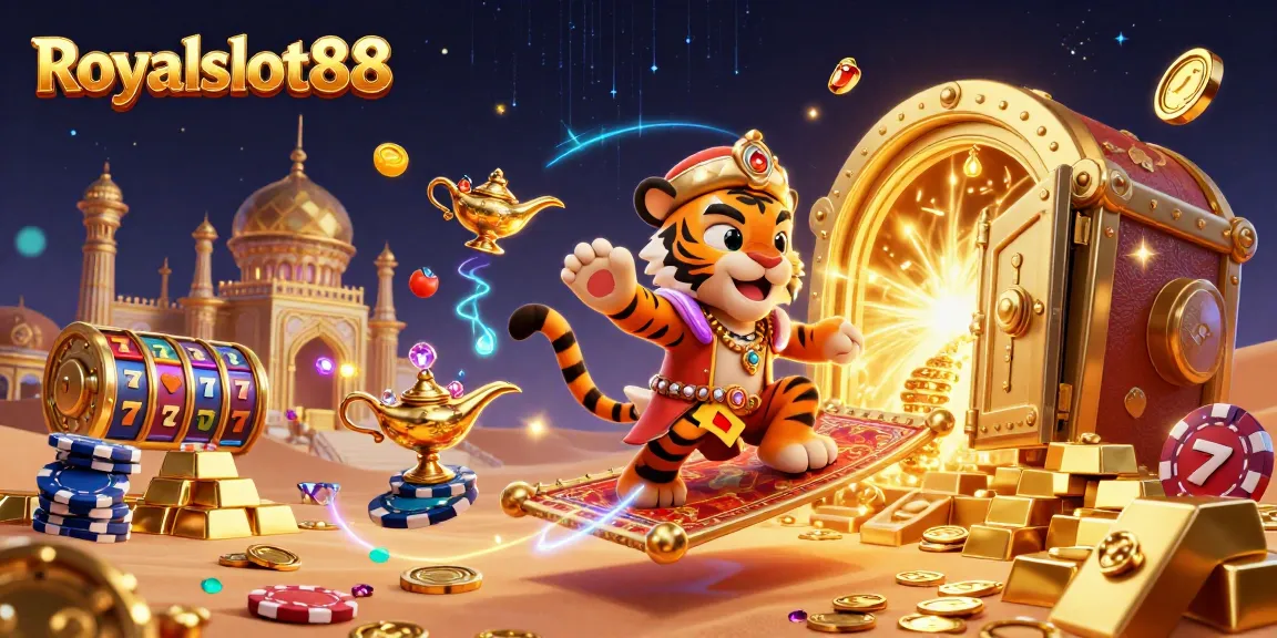 Visualisasi menarik di Royalslot88 dengan sultan harimau di atas karpet terbang penuh chip poker.