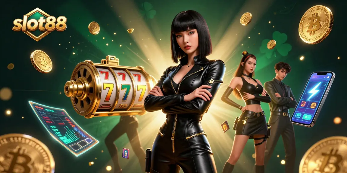 Spin the reels at slot88 with an engaging scene of lucky 7s, Bitcoin coins, and a confident player.