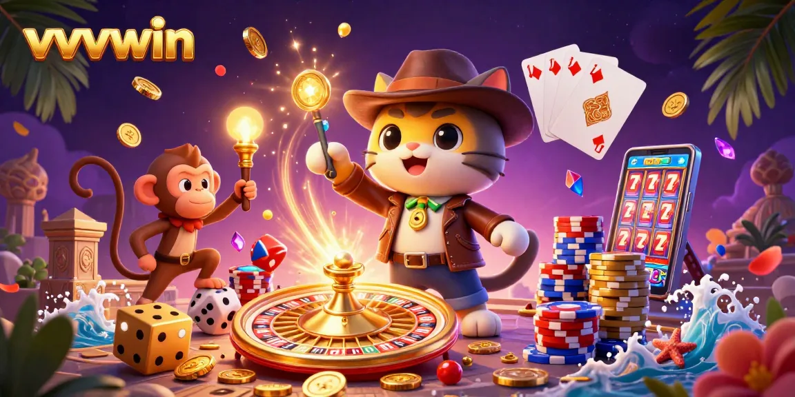 Experience the thrill of vvvwin with a dynamic scene of an adventurous cat exploring casino treasures.
