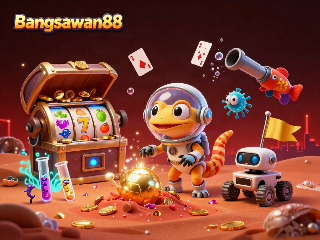 Experience thrilling games at Bangsawan88 with cartoon Martian gecko uncovering treasures in a vibrant casino.