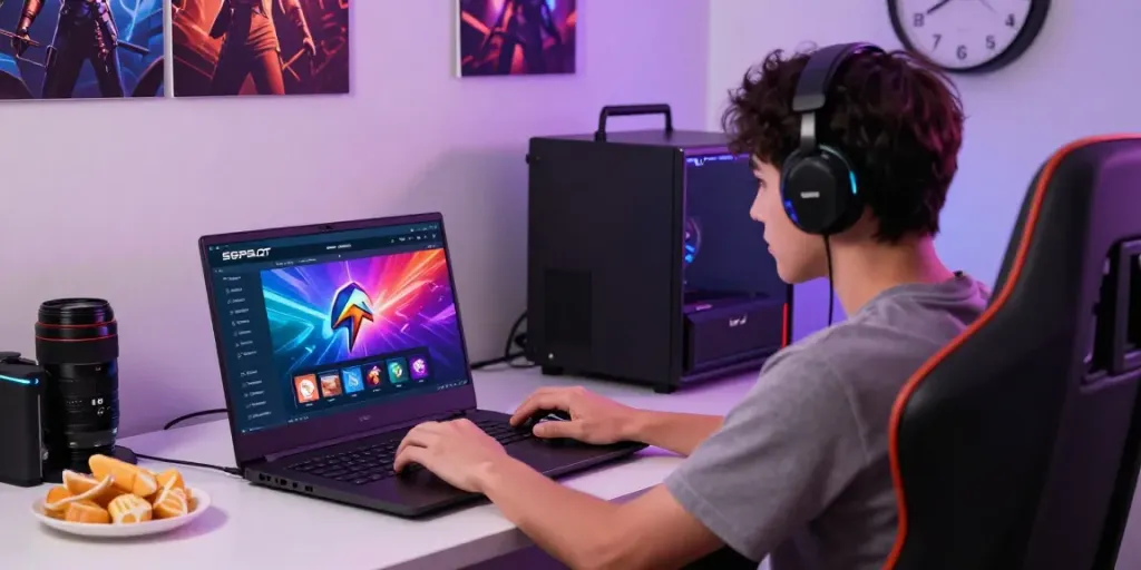 Player navigating SGPSLOT link login on laptop in an organized gaming setup, emphasizing 24-hour accessibility.