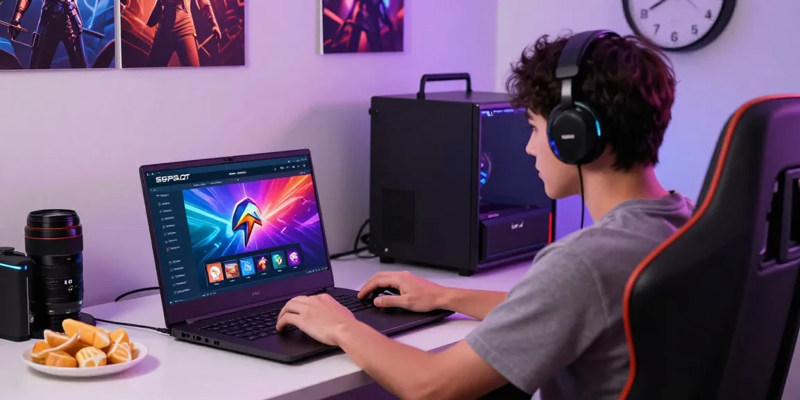 Player navigating SGPSLOT link login on laptop in an organized gaming setup, emphasizing 24-hour accessibility.