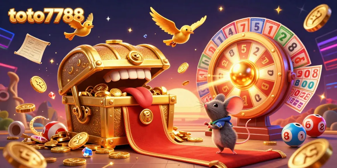 Toto7788 lottery chest invites players to fortune with colorful bingo balls and shimmering coins.