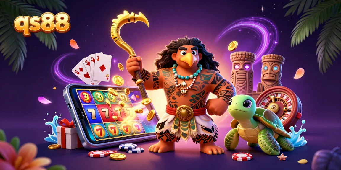 Play casino games with qs88, featuring a hawk demigod and turtle amidst exciting slot reels.