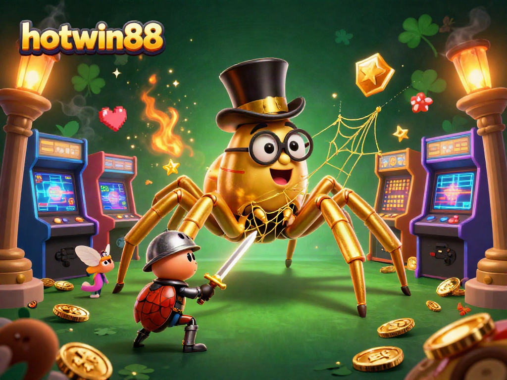 hotwin88 captures thrilling gaming action with golden casino-themed characters and arcade game elements