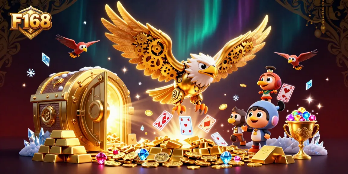 Experience thrilling gaming at F168 featuring dynamic 3D golden eagle and vibrant casino elements.