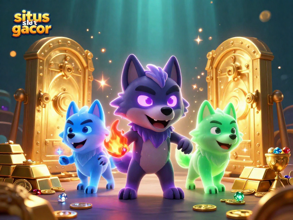 Engage with situs slot gacor in a rich 3D illustration featuring dynamic wolves and treasures