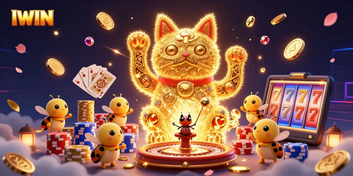 IWIN lucky cat made of golden fireflies amidst casino elements, creating a captivating gaming atmosphere.