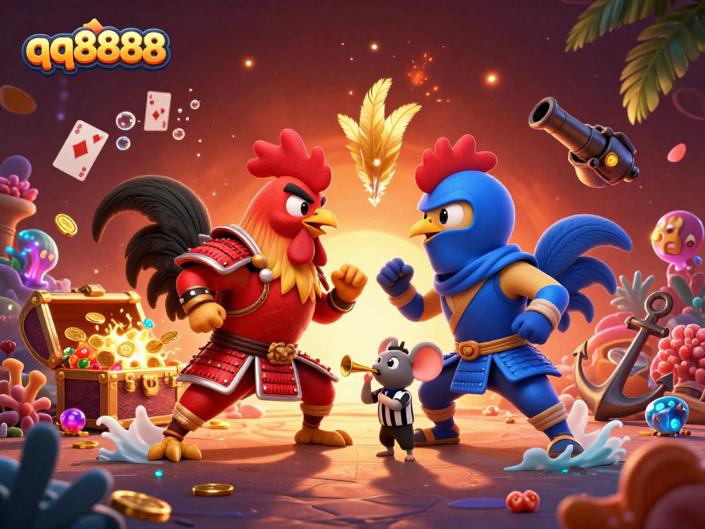 Engage in thrilling game action at qq8888 with cartoon roosters, treasure, and vibrant casino elements.