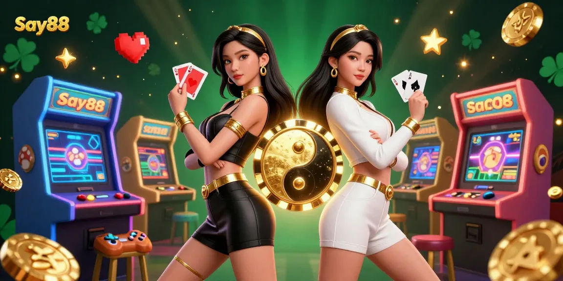 Engage with Say88 featuring twin Asian women in coordinated outfits holding playing cards, set in a vibrant casino illustration.