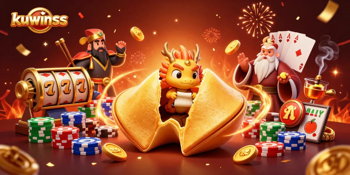 Kuwinss showcases an animated casino experience with a golden fortune cookie and vibrant gaming elements.