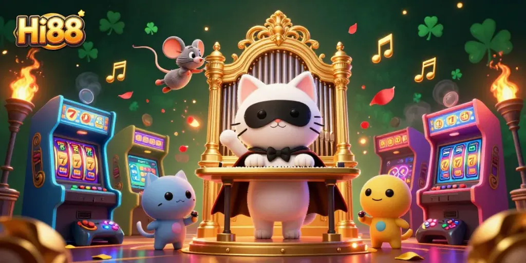 Experience exciting gameplay at Hi88 with a vibrant 3D casino scene featuring a phantom cat and mouse acrobat.