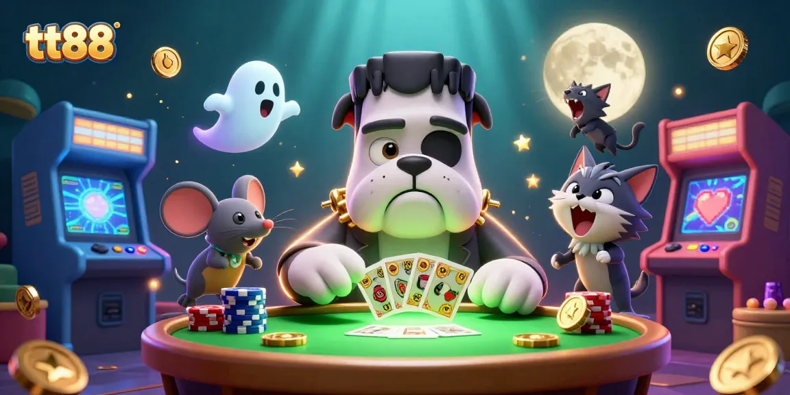 Experience luck at tt88 with a cartoon monster dealer amidst vibrant casino elements and underwater themes.