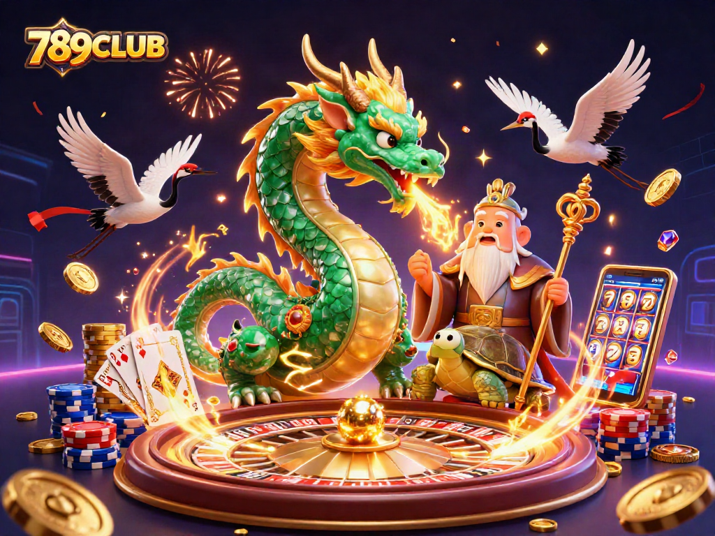 Engage with 789CLUB's exciting 3D illustration of a jade dragon and casino elements.