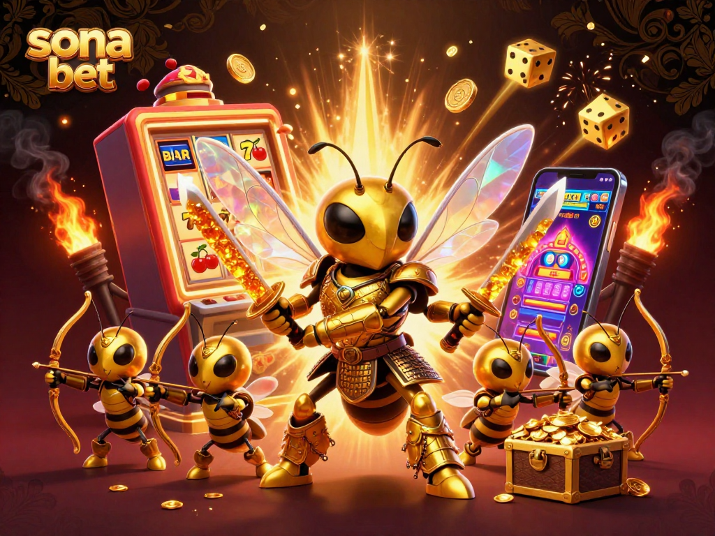 Sona bet showcasing a vibrant casino scene with a golden hornet and dynamic slot elements.