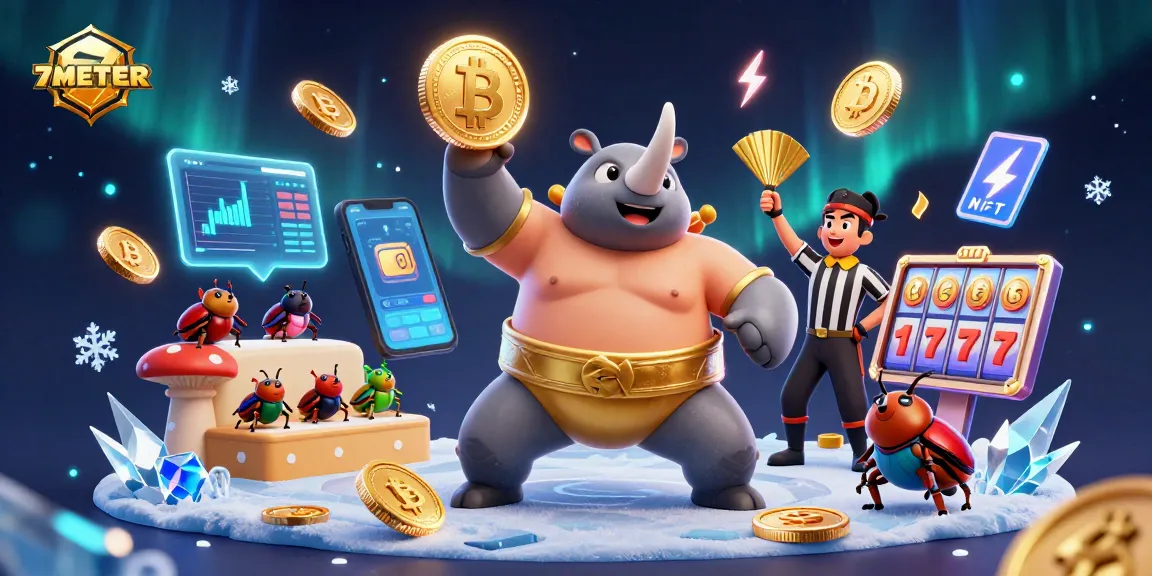 Engage with 7METER's thrilling casino scene featuring vibrant beetle champions and crypto visuals.