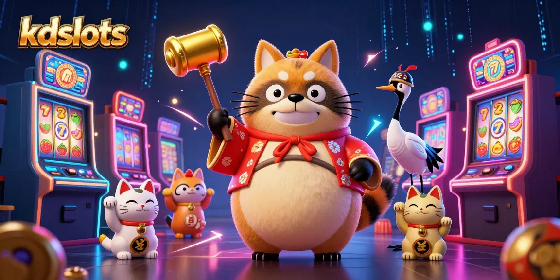 Win big at kdslots with vibrant 3D cartoon characters and slot machines in an energetic casino scene.